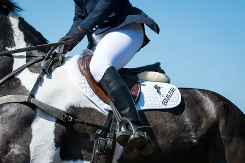 Rider’s leg and Equiliser saddle pad on a skewbald horse