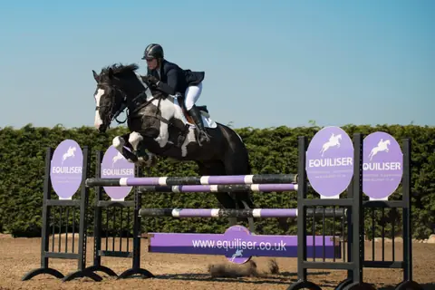 Skewbald horse jumping Equiliser branded showjumps