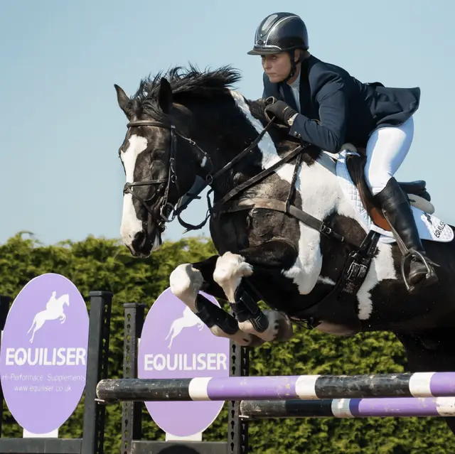 Skewbald horse jumping an Equiliser branded fence